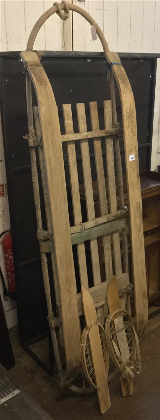 Nansen style stretcher sledge & a pair of WWII snowshoes, possibly associated